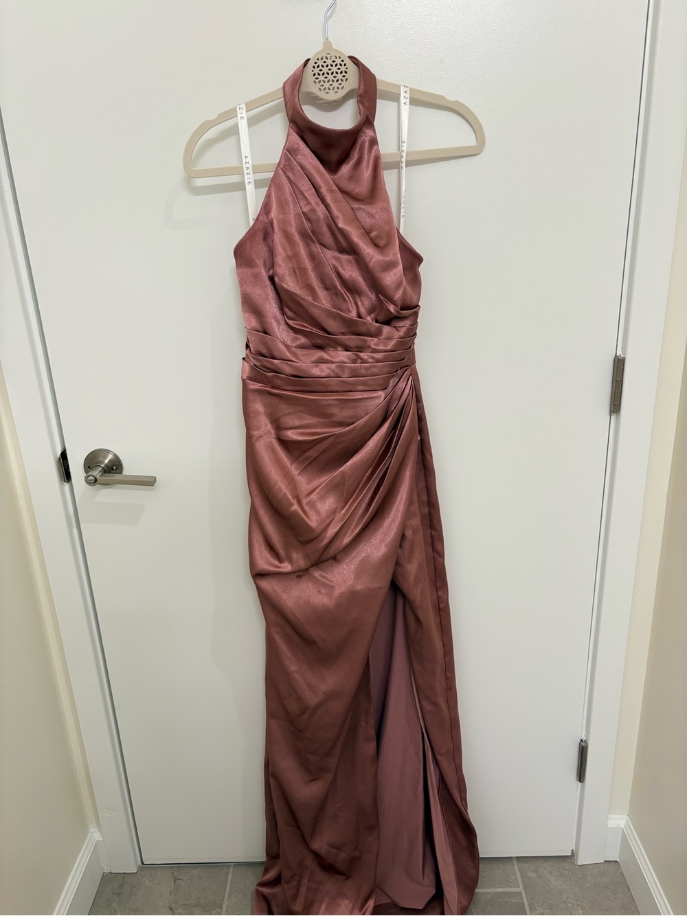 WORN ONCE*** Azazie Mauve Halter Satin Bridesmaid Gown
